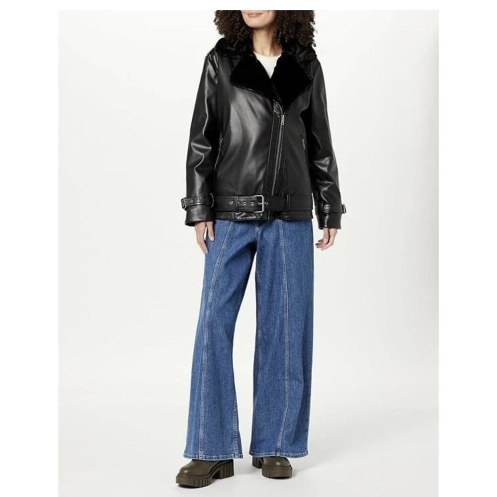 The Drop Women's Black Cavalla Vegan Leather Moto Jacket Size Medium NEW Fur Lin